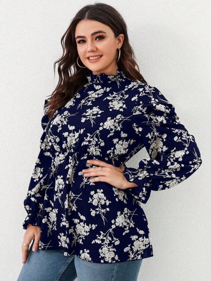 SHEIN GRANDE TAILLE (46/48/52/54) Blouse fleurie à plis avec volants et manches bouffantes V13 https://sheinstyle.store original Algerie DZ