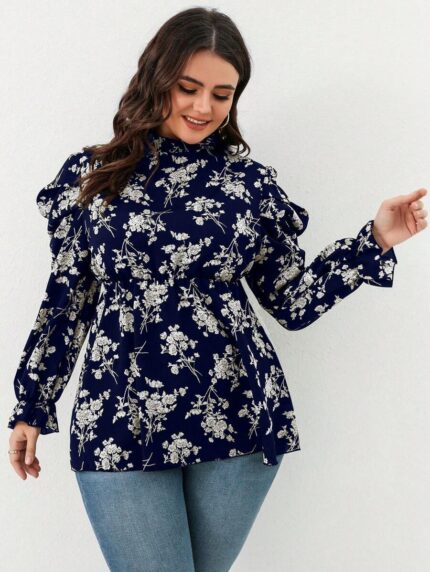 SHEIN GRANDE TAILLE (44/46/48/50/52/54) Blouse fleurie à plis avec volants et manches bouffantes V13 https://sheinstyle.store original Algerie DZ