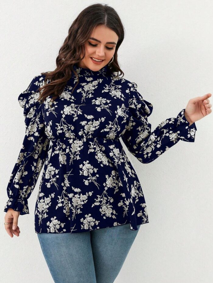 SHEIN GRANDE TAILLE (46/48/52/54) Blouse fleurie à plis avec volants et manches bouffantes V13 https://sheinstyle.store original Algerie DZ