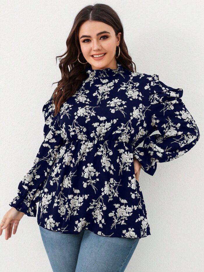 SHEIN GRANDE TAILLE (46/48/52/54) Blouse fleurie à plis avec volants et manches bouffantes V13 https://sheinstyle.store original Algerie DZ