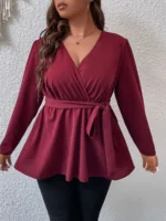 SHEIN GRANDE TAILLE (44/46/48/50/52/54) Blouse portefeuille à plis avec ceinture – Élégance structurée et féminine E43 https://sheinstyle.store original Algerie DZ