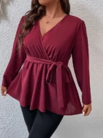 SHEIN GRANDE TAILLE (44/46/48/50/52/54) Blouse portefeuille à plis avec ceinture – Élégance structurée et féminine E43 https://sheinstyle.store original Algerie DZ