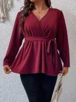 SHEIN GRANDE TAILLE (44/46/48/50/52/54) Blouse portefeuille à plis avec ceinture – Élégance structurée et féminine E43 https://sheinstyle.store original Algerie DZ