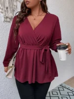 SHEIN GRANDE TAILLE (44/46/48/50/52/54) Blouse portefeuille à plis avec ceinture – Élégance structurée et féminine E43 https://sheinstyle.store original Algerie DZ