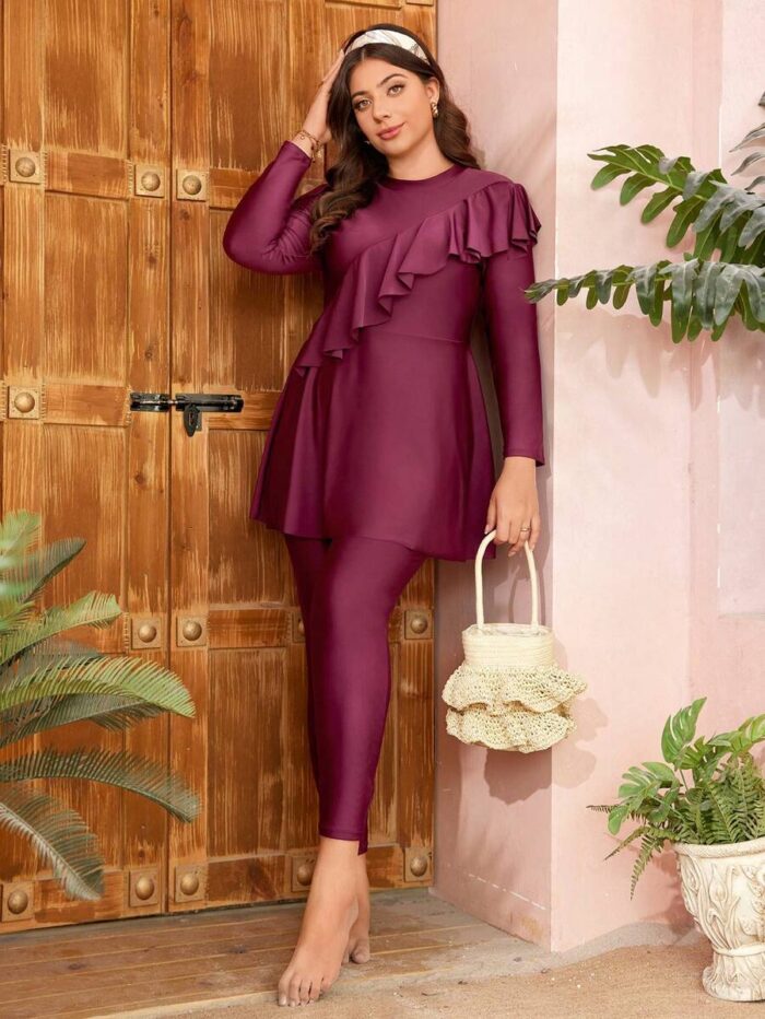 SHEIN GRANDE TAILLE (44/46/48/50/52/54) – Burkini à manches longues avec volants et pantalon assorti E64 https://sheinstyle.store original Algerie DZ