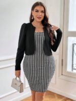SHEIN GRANDE TAILLE (46/48/50) – Ensemble veste unie à manches bouffantes & robe à imprimé ornemental dentelé H19 https://sheinstyle.store original Algerie DZ