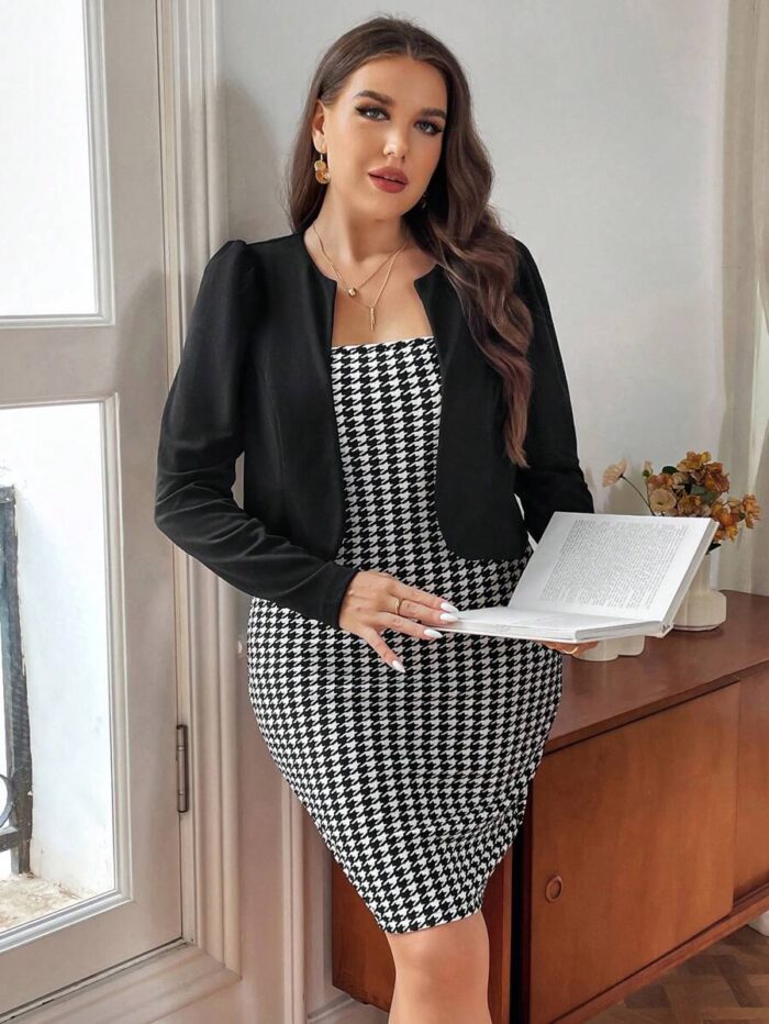 SHEIN GRANDE TAILLE (46/48/50) – Ensemble veste unie à manches bouffantes & robe à imprimé ornemental dentelé H19 https://sheinstyle.store original Algerie DZ