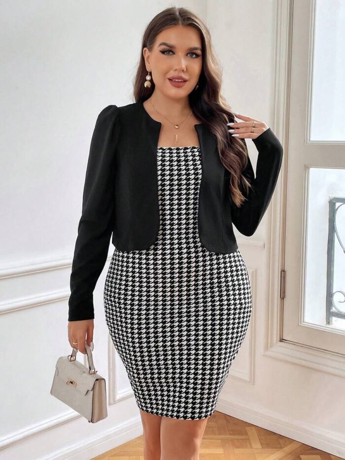 SHEIN GRANDE TAILLE (46/48/50) – Ensemble veste unie à manches bouffantes & robe à imprimé ornemental dentelé H19 https://sheinstyle.store original Algerie DZ