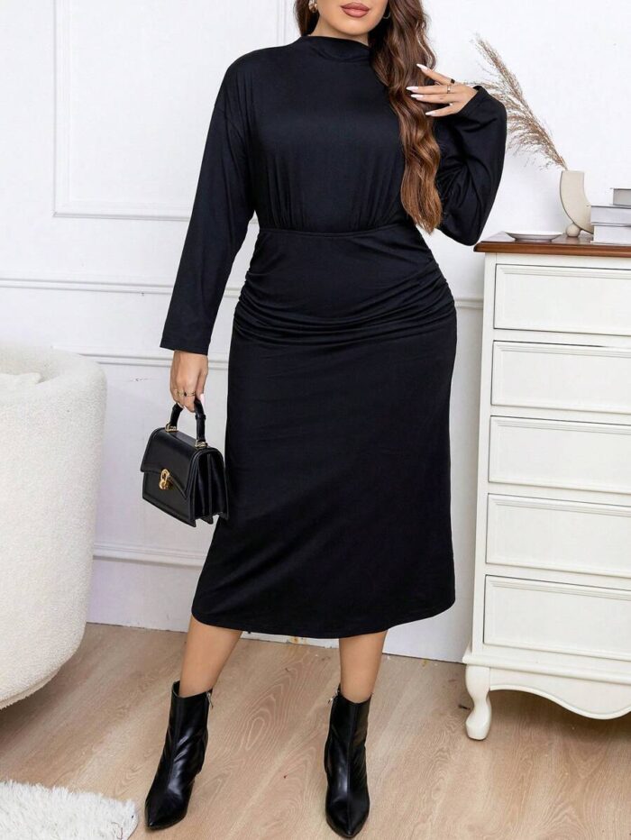 SHEIN GRANDE TAILLE (44/46/48/50/52/54) Robe à col montant et taille froncée avec ouverture au dos V16 https://sheinstyle.store original Algerie DZ