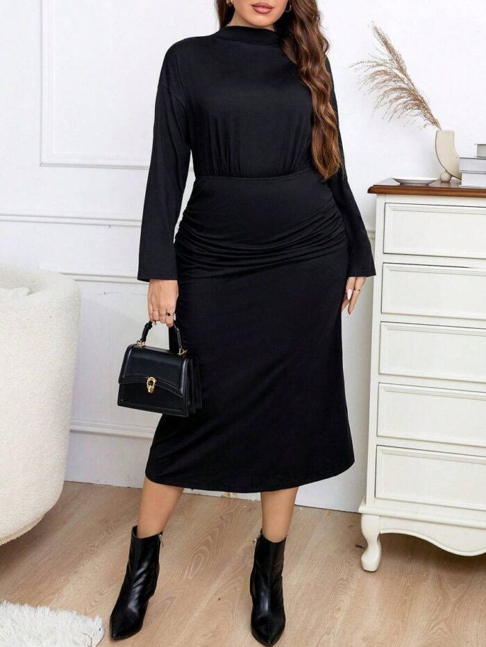 SHEIN GRANDE TAILLE (44/46/48/50/52/54) Robe à col montant et taille froncée avec ouverture au dos V16 https://sheinstyle.store original Algerie DZ