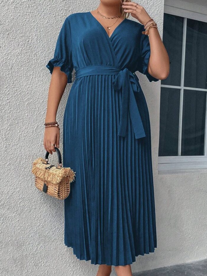 SHEIN GRANDE TAILLE (44/46/48/50/52/54) Robe élégante à col croisé, manches bouffantes et taille ceinturée E58 https://sheinstyle.store original Algerie DZ