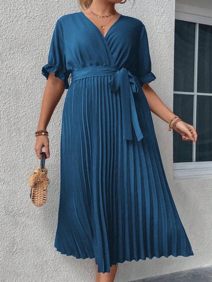 SHEIN GRANDE TAILLE (44/46/48/50/52/54) Robe élégante à col croisé, manches bouffantes et taille ceinturée E58 https://sheinstyle.store original Algerie DZ
