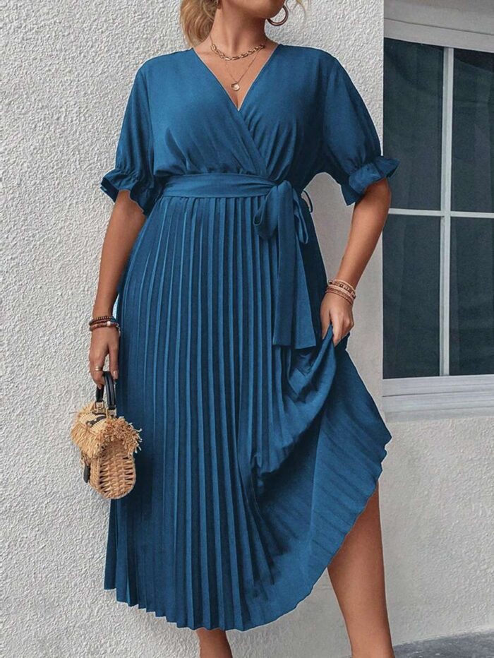 SHEIN GRANDE TAILLE (44/46/48/50/52/54) Robe élégante à col croisé, manches bouffantes et taille ceinturée E58 https://sheinstyle.store original Algerie DZ