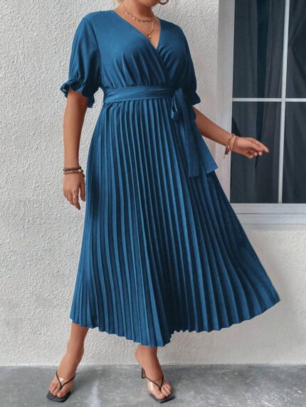 SHEIN GRANDE TAILLE (44/46/48/50/52/54) Robe élégante à col croisé, manches bouffantes et taille ceinturée E58 https://sheinstyle.store original Algerie DZ