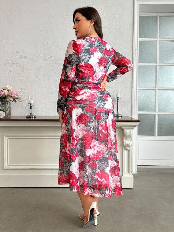 SHEIN GRANDE TAILLE (44/46/48/50/52/54) – Robe fleurie à manches longues avec détail volanté sur le côté E173 https://sheinstyle.store original Algerie DZ