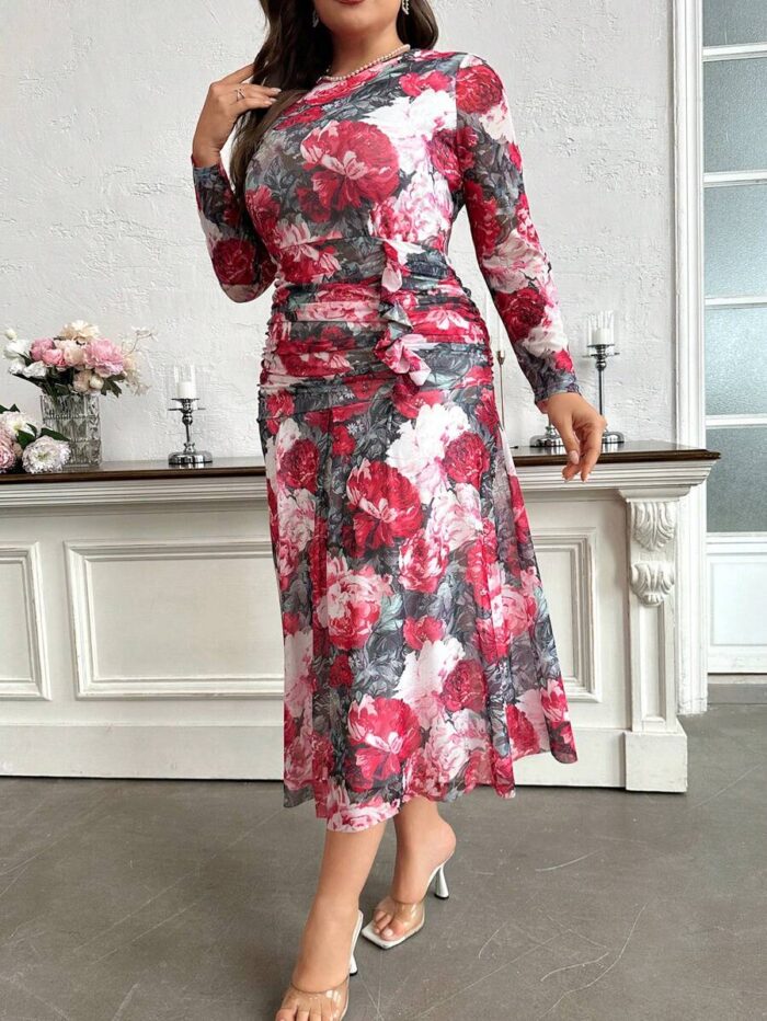 SHEIN GRANDE TAILLE (44/46/48/50/52/54) – Robe fleurie à manches longues avec détail volanté sur le côté E173 https://sheinstyle.store original Algerie DZ