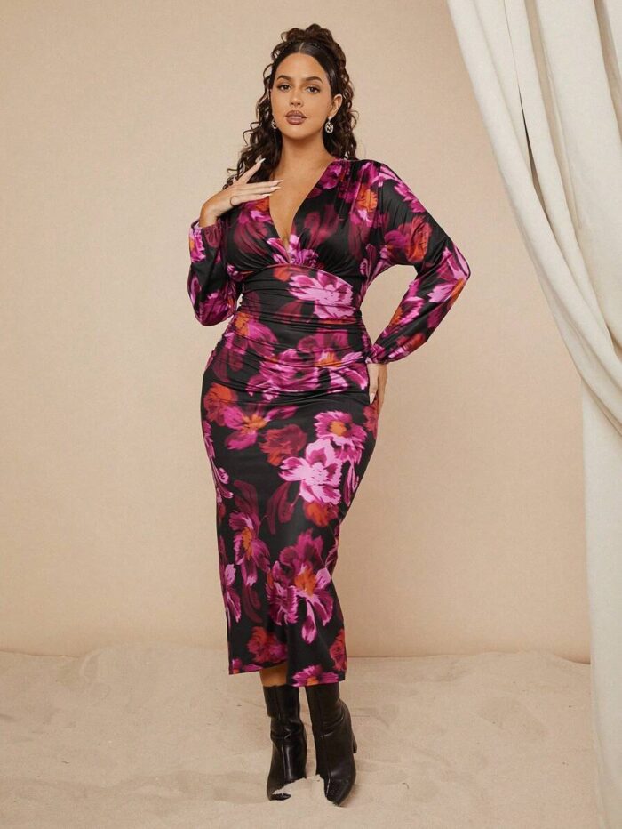 SHEIN GRANDE TAILLE (44/46/48/50/52/54) – Robe longue à fleurs avec manches longues et col en V E172 https://sheinstyle.store original Algerie DZ