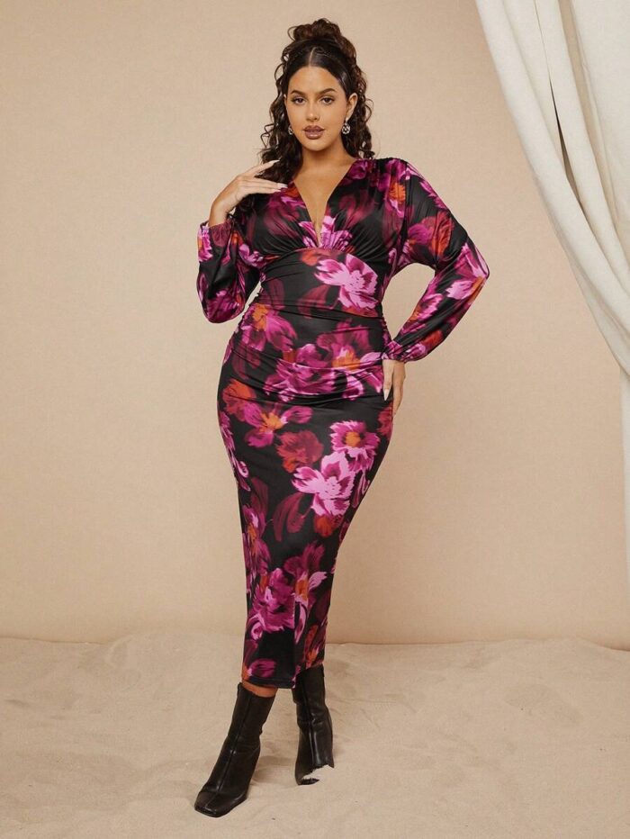 SHEIN GRANDE TAILLE (44/46/48/50/52/54) – Robe longue à fleurs avec manches longues et col en V E172 https://sheinstyle.store original Algerie DZ