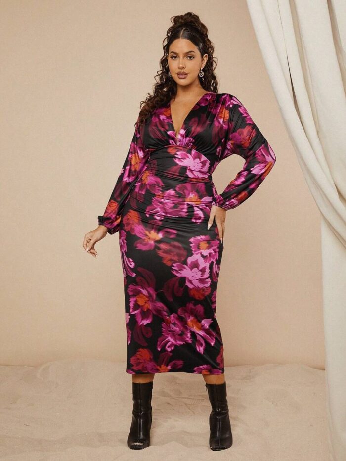 SHEIN GRANDE TAILLE (44/46/48/50/52/54) – Robe longue à fleurs avec manches longues et col en V E172 https://sheinstyle.store original Algerie DZ