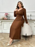 SHEIN GRANDE TAILLE (52/54) – Robe longue unie à col en V et manches longues, coupe moulante E175 https://sheinstyle.store original Algerie DZ