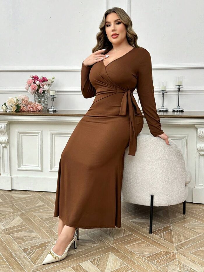 SHEIN GRANDE TAILLE (52/54) – Robe longue unie à col en V et manches longues, coupe moulante E175 https://sheinstyle.store original Algerie DZ