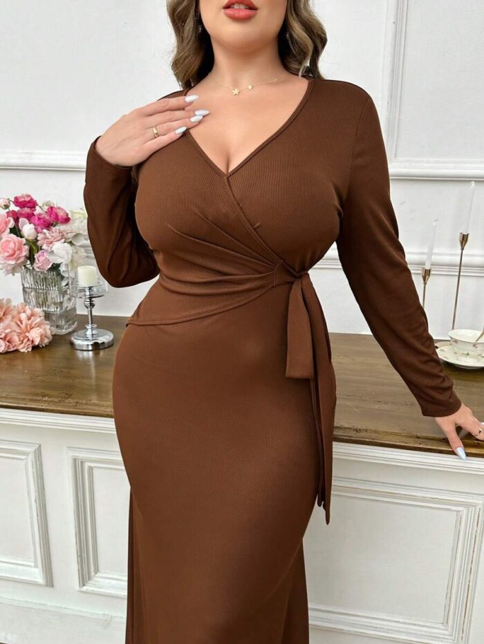 SHEIN GRANDE TAILLE (52/54) – Robe longue unie à col en V et manches longues, coupe moulante E175 https://sheinstyle.store original Algerie DZ