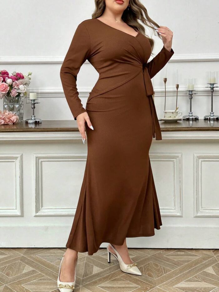 SHEIN GRANDE TAILLE (52/54) – Robe longue unie à col en V et manches longues, coupe moulante E175 https://sheinstyle.store original Algerie DZ
