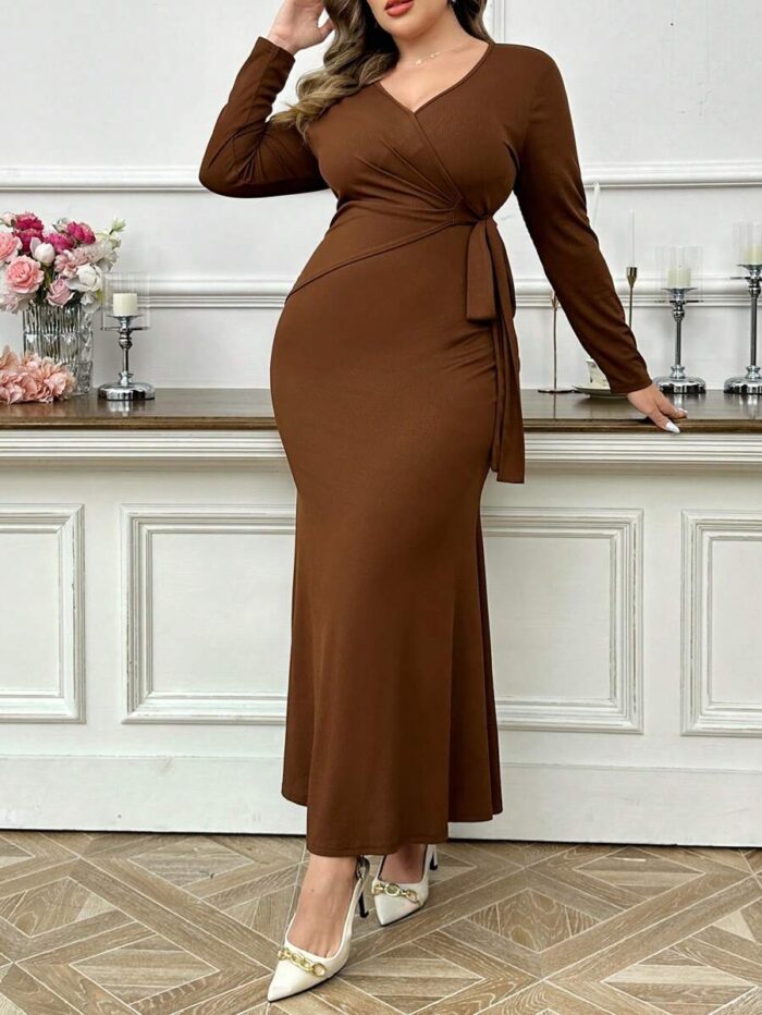 SHEIN GRANDE TAILLE (52/54) – Robe longue unie à col en V et manches longues, coupe moulante E175 https://sheinstyle.store original Algerie DZ