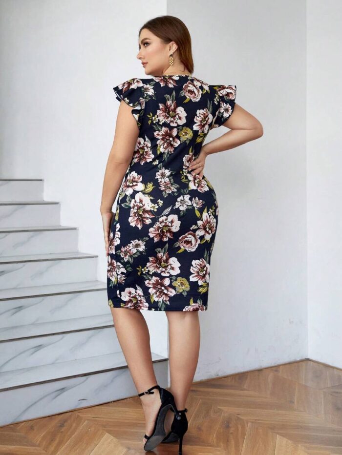 SHEIN GRANDE TAILLE (44/46/48/50/52/54) Robe moulante à fleurs imprimées avec volants aux manches E39 https://sheinstyle.store original Algerie DZ