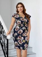 SHEIN GRANDE TAILLE (44/46/48/50/52/54) Robe moulante à fleurs imprimées avec volants aux manches E39 https://sheinstyle.store original Algerie DZ