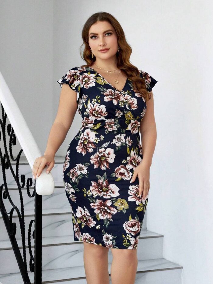 SHEIN GRANDE TAILLE (44/46/48/50/52/54) Robe moulante à fleurs imprimées avec volants aux manches E39 https://sheinstyle.store original Algerie DZ