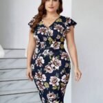 SHEIN GRANDE TAILLE (44/46/48) Robe moulante à fleurs imprimées avec volants aux manches E39 https://sheinstyle.store original Algerie DZ