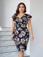 SHEIN GRANDE TAILLE (44/46/48/50/52/54) Robe moulante à fleurs imprimées avec volants aux manches E39 https://sheinstyle.store original Algerie DZ