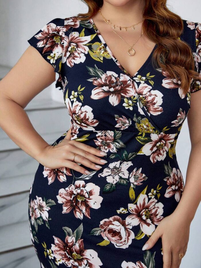 SHEIN GRANDE TAILLE (44/46/48/50/52/54) Robe moulante à fleurs imprimées avec volants aux manches E39 https://sheinstyle.store original Algerie DZ
