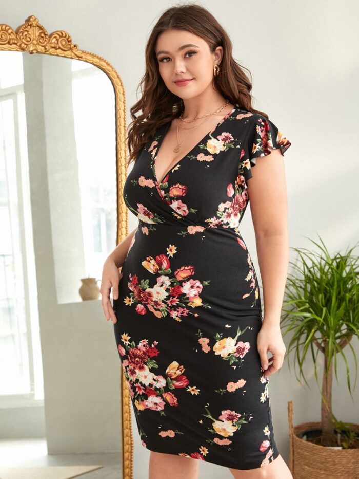 SHEIN GRANDE TAILLE (44/46) Robe moulante à imprimé fleuri, col croisé et manches papillon B31 https://sheinstyle.store original Algerie DZ