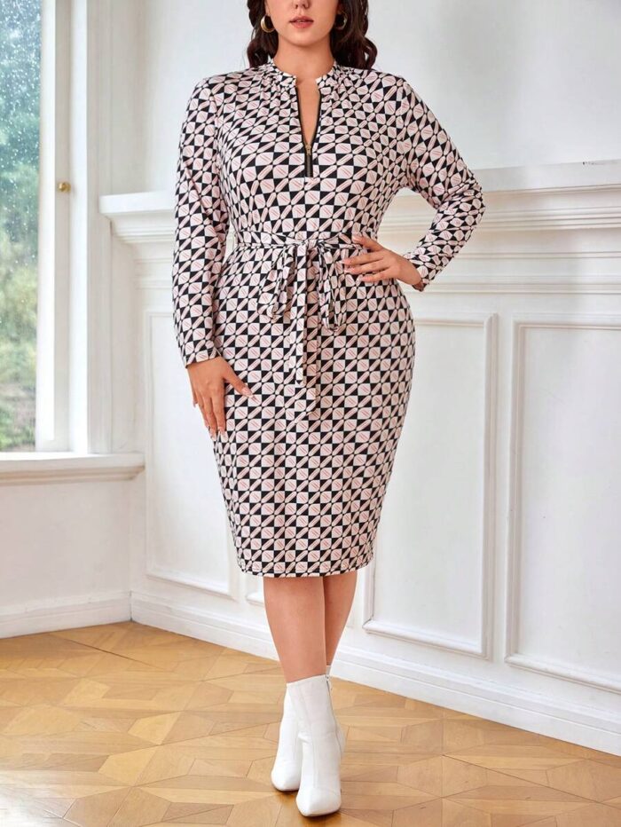 SHEIN GRANDE TAILLE (44/46/48/50/52/54) – Robe moulante à imprimé intégral avec ceinture V21 https://sheinstyle.store original Algerie DZ