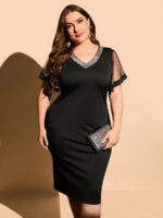 SHEIN GRANDE TAILLE (44/46/48/50/52/54) Robe moulante à manches en tulle contrastant – Chic et audacieuse V94 https://sheinstyle.store original Algerie DZ