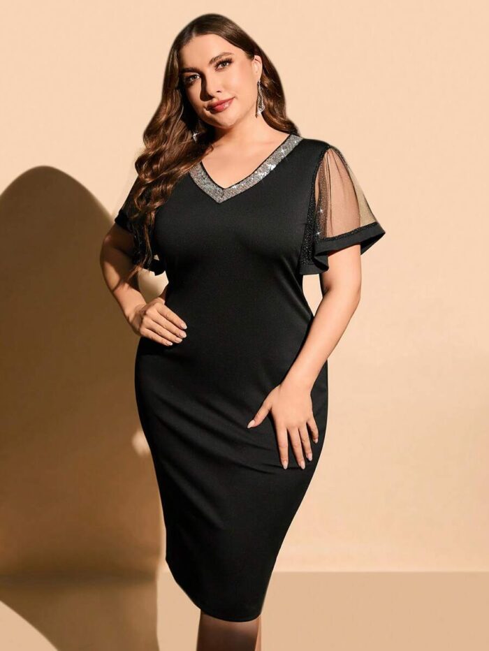 SHEIN GRANDE TAILLE (44/46/48/50/52/54) Robe moulante à manches en tulle contrastant – Chic et audacieuse V94 https://sheinstyle.store original Algerie DZ