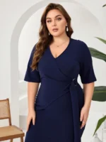 SHEIN GRANDE TAILLE (44/46/48/50/52/54) Robe unie avec nœud au col et ceinture à la taille – Élégance classique et féminine E76 https://sheinstyle.store original Algerie DZ