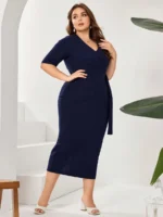 SHEIN GRANDE TAILLE (44/46/48/50/52/54) Robe unie avec nœud au col et ceinture à la taille – Élégance classique et féminine E76 https://sheinstyle.store original Algerie DZ