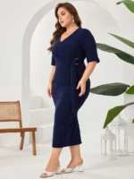 SHEIN GRANDE TAILLE (44/46/48/50/52/54) Robe unie avec nœud au col et ceinture à la taille – Élégance classique et féminine E76 https://sheinstyle.store original Algerie DZ