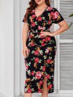 SHEIN GRANDE TAILLE (44/46/52/54) – Robe fleurie à encolure en V avec fente centrale E8 https://sheinstyle.store original Algerie DZ