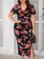 SHEIN GRANDE TAILLE (44/46/52/54) – Robe fleurie à encolure en V avec fente centrale E8 https://sheinstyle.store original Algerie DZ