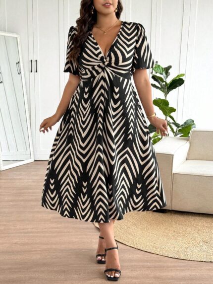 SHEIN GRANDE TAILLE (44/46) – Robe casual élégante à rayures, col V et manches courtes  https://sheinstyle.store original Algerie DZ