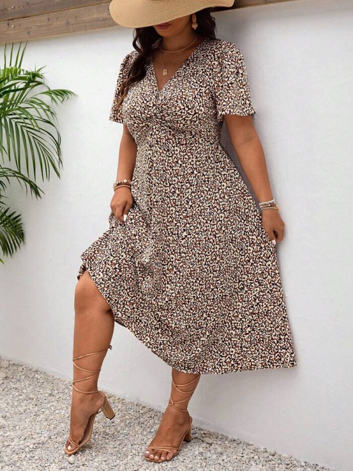 SHEIN GRANDE TAILLE (44/46/48/50/52/54) – Robe d'été bohème imprimée à col V et fronçage avant E188 https://sheinstyle.store original Algerie DZ