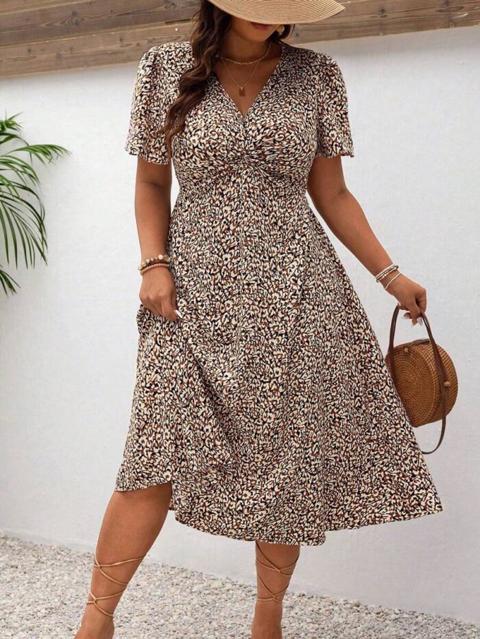 SHEIN GRANDE TAILLE (44/46/48/50/52/54) – Robe d'été bohème imprimée à col V et fronçage avant E188 https://sheinstyle.store original Algerie DZ