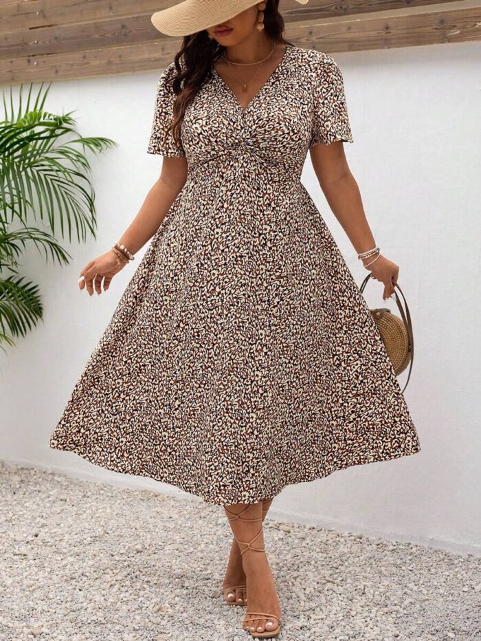 SHEIN GRANDE TAILLE (44/46/48/50/52/54) – Robe d'été bohème imprimée à col V et fronçage avant E188 https://sheinstyle.store original Algerie DZ