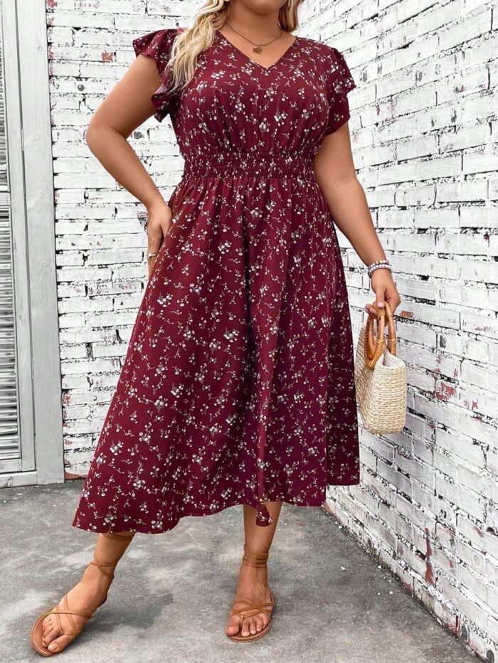 SHEIN GRANDE TAILLE (46/48/50/52/54) – Robe longue festive brodée à fleurs avec taille élastiquée et volants E186 https://sheinstyle.store original Algerie DZ