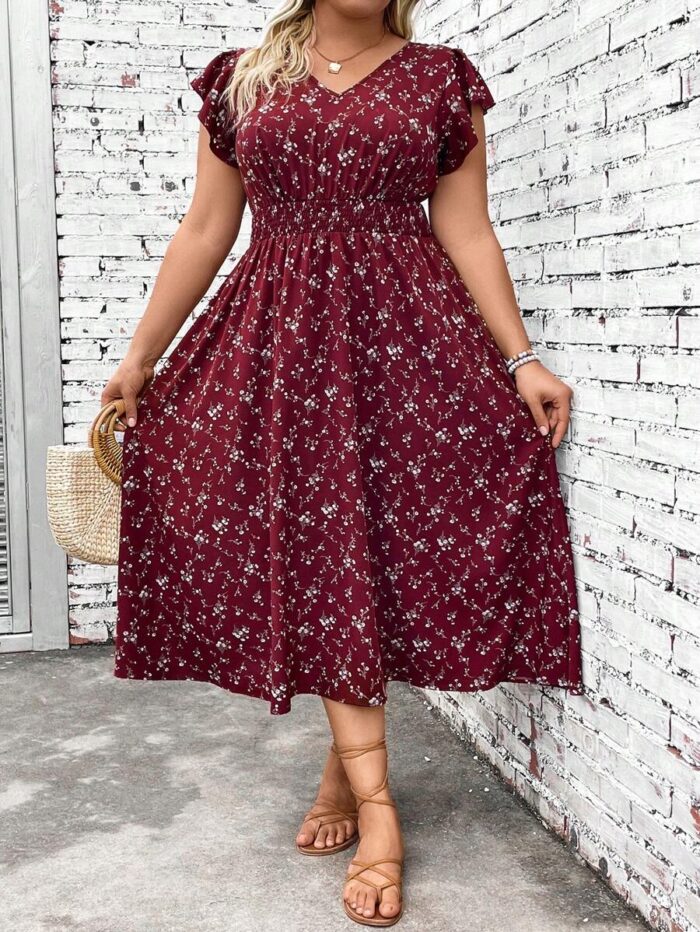 SHEIN GRANDE TAILLE (46/48/50/52/54) – Robe longue festive brodée à fleurs avec taille élastiquée et volants E186 https://sheinstyle.store original Algerie DZ