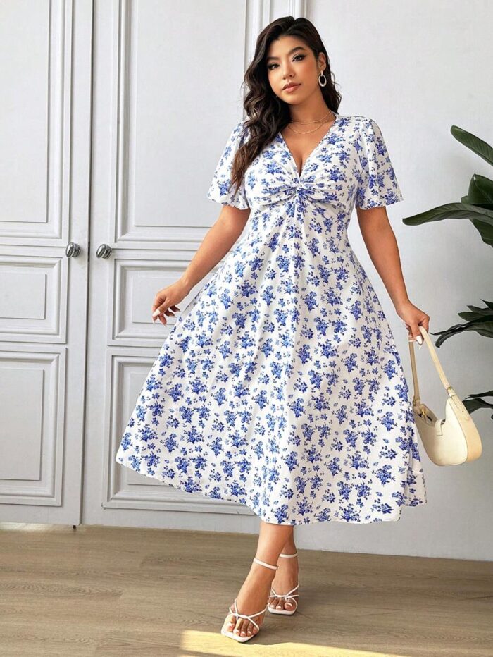 SHEIN GRANDE TAILLE (52/54) – Robe d'été bohème à fleurs avec nœud twisté et manches courtes E187 https://sheinstyle.store original Algerie DZ